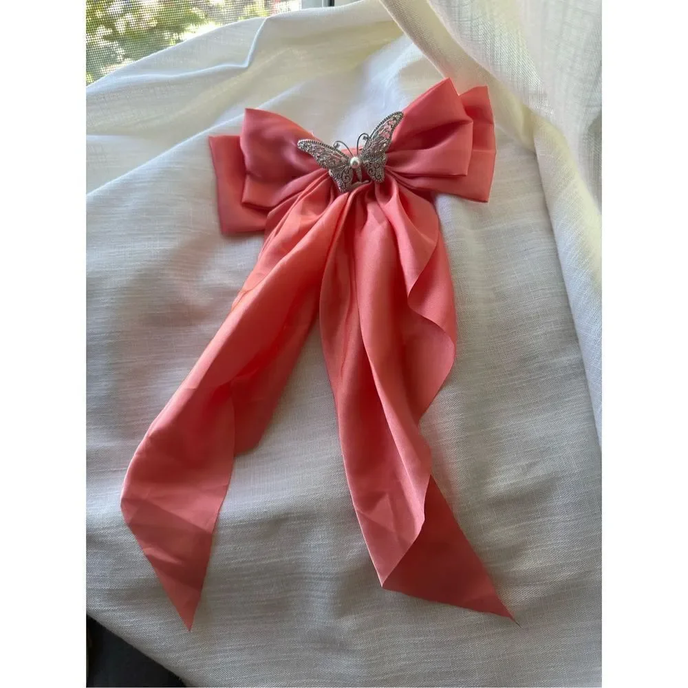 Coral & butterfly hair bow - great for thick hair